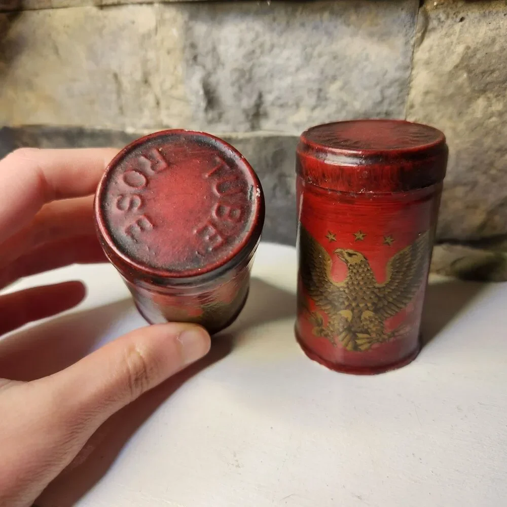 Vtg Set Of 2 Mid Century Patriotic Eagle Canister Matches Box Tin Container USA